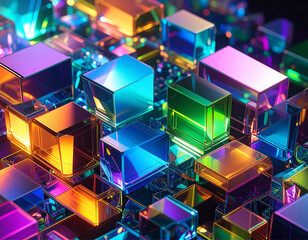 Elementos geométricos 3d translúcidos e coloridos cobrindo toda a superfície.