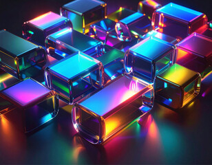 Elementos geométricos 3d translúcidos e coloridos cobrindo toda a superfície.