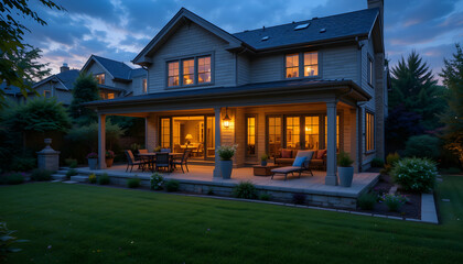 Obraz premium Summer evening on the patio of beautiful suburban house with garden