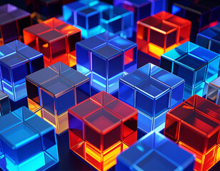 Alguns cubos de cristal translúcidos, coloridos, sobre superfície preta.