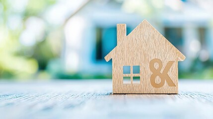 Wooden house model with percentage sign on table
