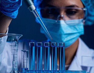 Uma cientista toda paramentada, enchendo tubos de ensaio com o uso de uma pipeta.