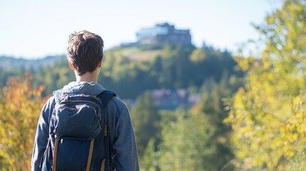 Young man with backpack contemplating scenic vista