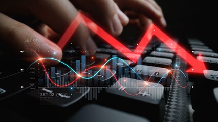 Economic caution visualized with fluctuating market graph, alert symbols, and negative data trends....