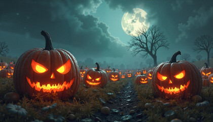 Glowing jack-o'-lanterns with menacing expressions lit up in a dark, eerie pumpkin patch under a full moon, Halloween ambiance.