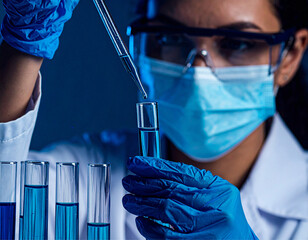 Uma cientista toda paramentada, enchendo tubos de ensaio com o uso de uma pipeta.