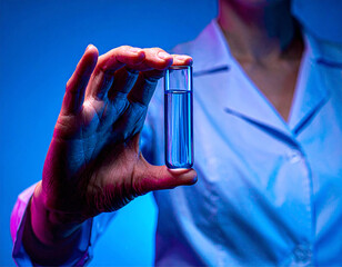 Close up na mão de um cientista usando jaleco, segurando um tubo de ensaio com fundo azul.