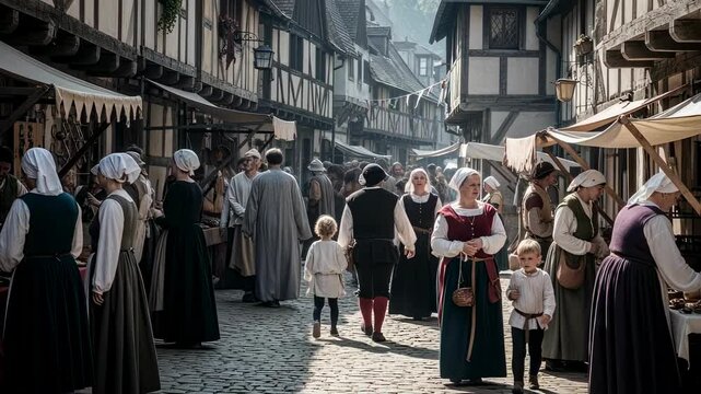 Medieval street scene with people in historical costumes. Crowded market in old European town. Renaissance fair reenactment. Historical tourism concept.