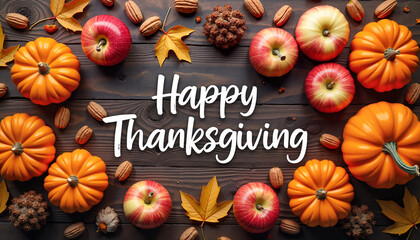 Colorful Thanksgiving display of pumpkins, apples, and nuts with autumn leaves on wooden background, celebrating gratitude and harvest.