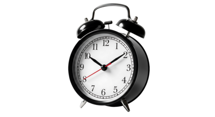 Classic black alarm clock, time management and morning reminder, isolated on transparent background