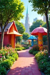 Discover a Whimsical Hidden Park Vibrant Colors, Playful Structures, and Lush Landscaping in an Unexpected Urban Oasis.  A joyful escape for families and adventurers seeking playful fun.