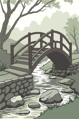 Fototapeta premium vector of bridge river background nature green simple poster wall art