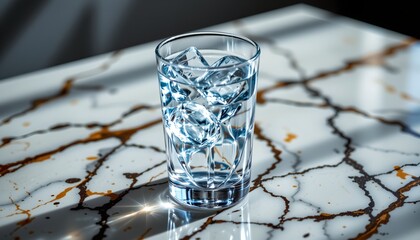 a clear glass of water resting on a marble tabletop with intricate designs, set against a backdrop that suggests an indoor setting with natu