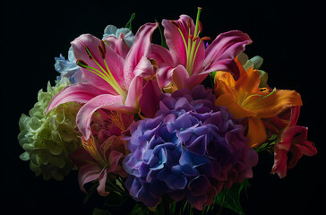 A close-up of an arrangement of flowers, including lilies and hydrangeas