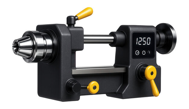 Semi-automatic lathe with a quick-change collet system and a digital speed display for a precision tool manufacturing plant