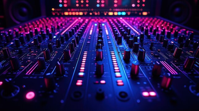 Close-up of a professional audio mixing console, lit with vibrant pink and blue lights