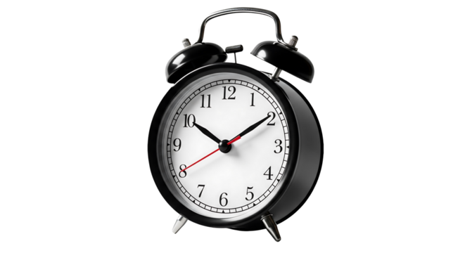 Classic black alarm clock, time management and morning reminder, isolated on transparent background