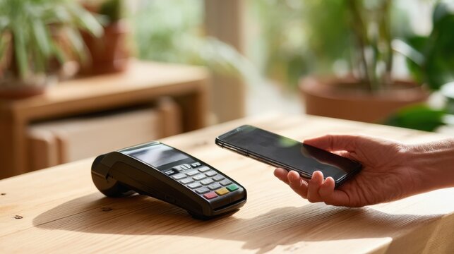 Contactless smartphone payment over terminal in bright eco-style interior perfect for fintech visuals, modern retail concepts and digital transaction promotion materials