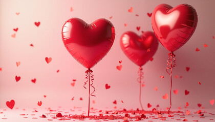 Bright red heart-shaped balloons floating above a scattering of smaller hearts on a soft pink background, celebrating love and joy.