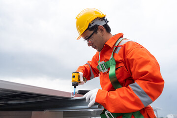 Solar panel rooftop, Rooftop solar power. Engineer or technicians maintaining and repairing solar power systems on rooftop of building. Male engineer install solar cell on rooftop