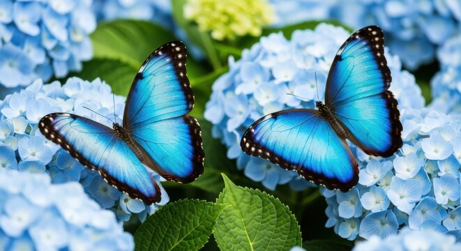 Two vibrant blue morpho butterflies resting on delicate light blue hydrangea blossoms surrounded by lush green leaves - Powered by Adobe