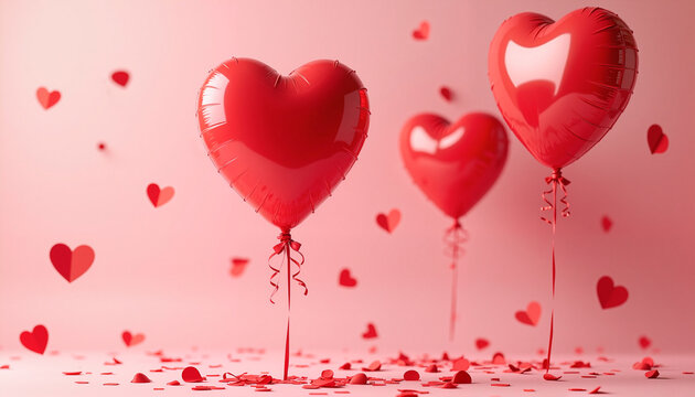 Red heart-shaped balloons floating against a soft pink background surrounded by smaller heart confetti, symbolizing love and celebration. Perfect for Valentine's Day decoration. - Powered by Adobe
