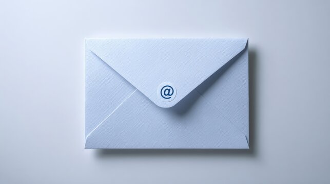 Minimal envelope with email symbol on white background under soft directional light perfect for digital communication concepts, modern contact visuals and newsletter branding