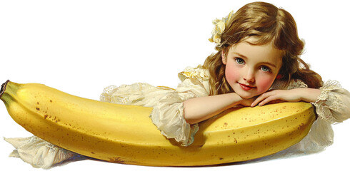 Vintage Girl Resting on Giant Banana; Isolated on Transparent PNG