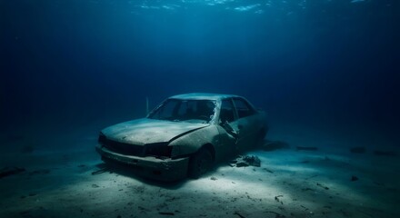 Crumbling Crushed Car Wreckage on Ocean Trench Floor with Silent Abyss Surroundings  