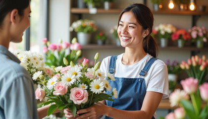 Cheerful young woman handing a beautiful bouquet filled with daisies and roses at a flower shop, showcasing joy and connection.  perfect for Valentine's Day, romantic cards, floral ads, and celebratio