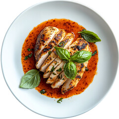 Grilled Chicken Breast Slices, Spicy Sauce, Basil Garnish, Isolated on Transparent PNG