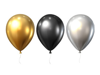 Three Shiny Metallic Balloons Gold Black Silver on Transparent Background, 3d Clipart With Isolated Background