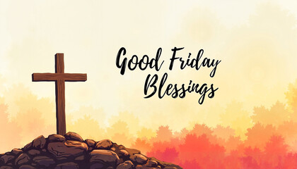 Wooden cross on a pile of stones with a warm autumn backdrop, symbolizes faith and contemplation. Good Friday Blessings concept, used for religious designs, Easter cards, and faith-based content