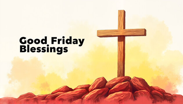 Wooden cross standing on rocky ground with a warm glow in the background, symbolizing hope and faith. Good Friday blessings theme. used for religious designs, Easter cards, and faith-based content