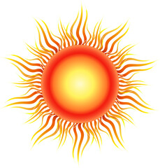 Solar mandala. Positive energy of the sun. Bright vector illustration of sun on transparent background. Isolated round sun design element. Bright flame.