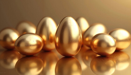 Shiny golden eggs arranged elegantly on a reflective surface, symbolizing luxury and prosperity.