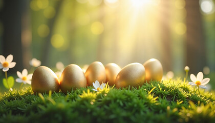 Golden eggs nestled in vibrant green grass surrounded by blooming daisies, symbolizing springtime renewal. Perfect for Easter celebrations or holiday decor.
