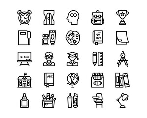 School icon set. Education vector icons. Thin line style, editable strokes. Includes learning tools, classroom elements, and digital education symbols.
