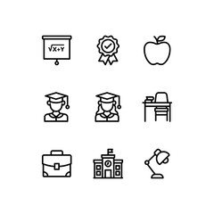 School line icon set. Education vector icons. Includes blackboard, students, desk and award symbols. Perfect for infographics, web, and apps.