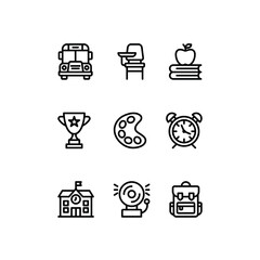 School line icon set. Education vector icons. Includes school bus, trophy, alarm and backpack symbols. Perfect for infographics, web, and apps.