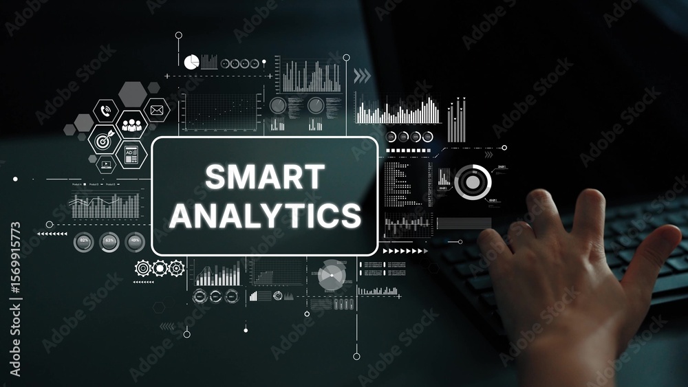 Poster smart analytics concept with graphs, charts, and data visualizations on dark background with hand on