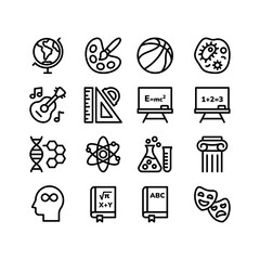 School subjects icon set. Education vector icons. Includes math, biology, chemistry, history, art, sport, and science symbols. Perfect for infographics, web, and apps.
