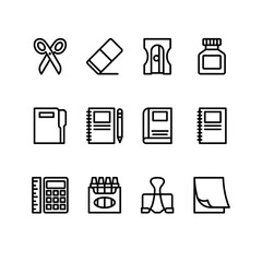 School supplies line icon set. Education vector icons. Includes scissors, eraser, sharpener, sticky notes and books symbols. Perfect for infographics, web, and apps.