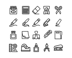 School Supplies line icon set. Education vector icons. Includes pencil, rulers, folder and tool symbols. Perfect for infographics, web, and apps.