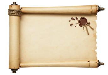 An unrolled aged parchment scroll secured with twine and a wax seal on a black background