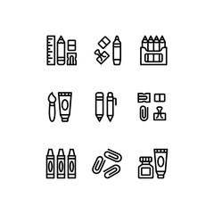 School tools line icon set. Education vector icons. Includes pencil, paper clips, crayons and paints symbols. Perfect for infographics, web, and apps.
