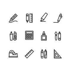 Stationery supplies line icon set. Education vector icons. Includes ruler, marker pen, calculator and paper glue symbols. Perfect for infographics, web, and apps.
