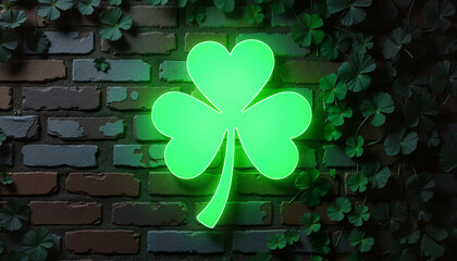 Glowing green heart-shaped shamrock illuminated against a rustic brick wall adorned with lush green leaves, symbol of good luck and St. Patrick's Day celebration.