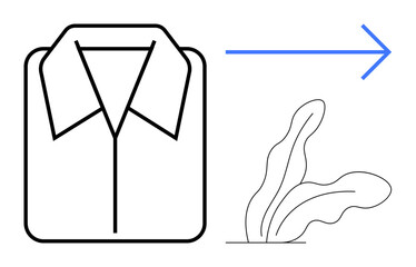 Folded shirt icon with a blue arrow pointing towards abstract leaves symbolizing sustainability and eco-friendly practices. Ideal for sustainability, recycling, fashion, minimalism, eco-living