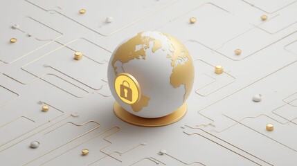 Golden and white globe with lock icon on abstract circuit background representing global cybersecurity, data protection, encryption and digital infrastructure safety